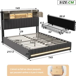 Cadre de lit double gris 140x200 cm, sommier à lattes, rembourré avec tête de lit rangement, 4 tiroirs intégrés et montage facile><noscript><img width=