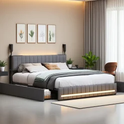 ProximaX Cadre de lit double gris 140x190 cm, sommier à lattes, rembourré avec tête de lit rangement, 4 tiroirs intégrés et montage facile* Lit Coffre