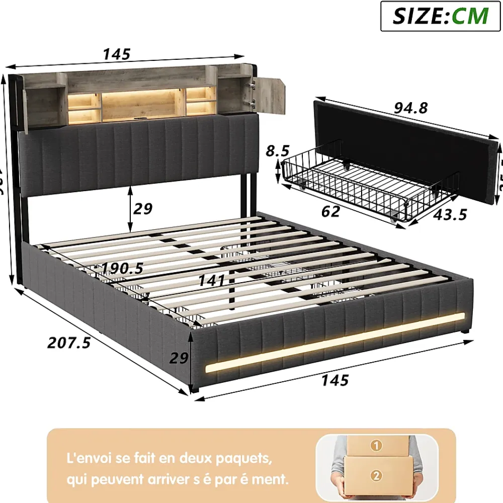 ProximaX Cadre de lit double gris 140x190 cm, sommier à lattes, rembourré avec tête de lit rangement, 4 tiroirs intégrés et montage facile* Lit Coffre