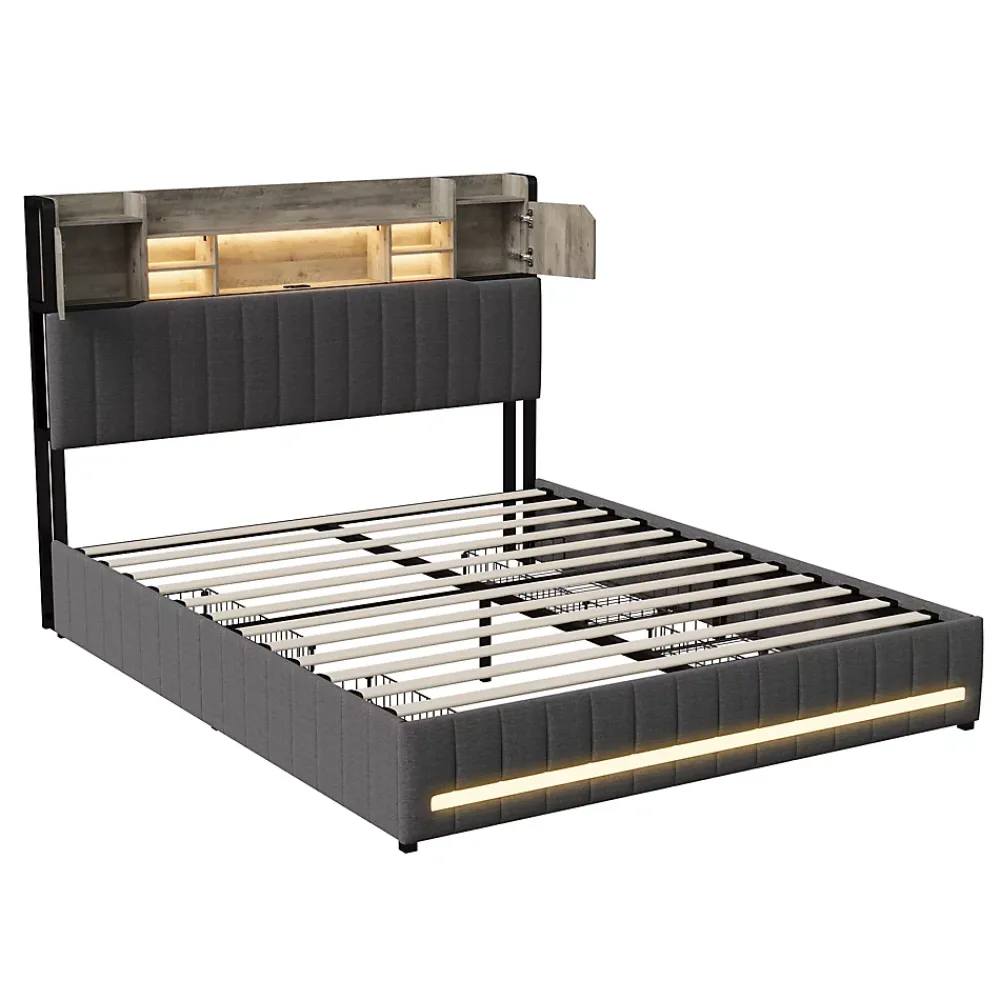 ProximaX Cadre de lit double gris 140x190 cm, sommier à lattes, rembourré avec tête de lit rangement, 4 tiroirs intégrés et montage facile* Lit Coffre