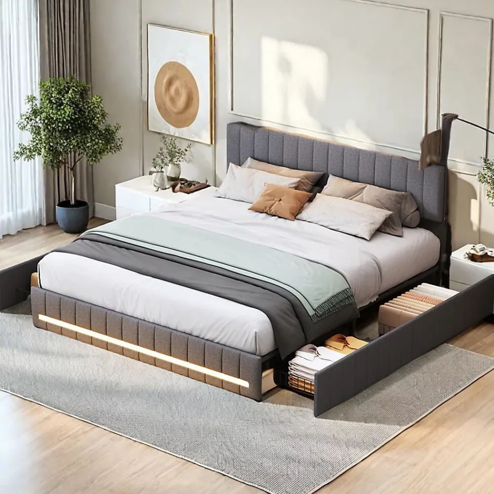 ProximaX Cadre de lit double gris 140x190 cm, sommier à lattes, rembourré avec tête de lit rangement, 4 tiroirs intégrés et montage facile* Lit Coffre