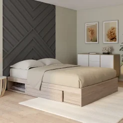 IDMarket Cadre de lit double SALEM avec rangements et sommier 140 x 190 cm façon hêtre* Lit Avec Rangement
