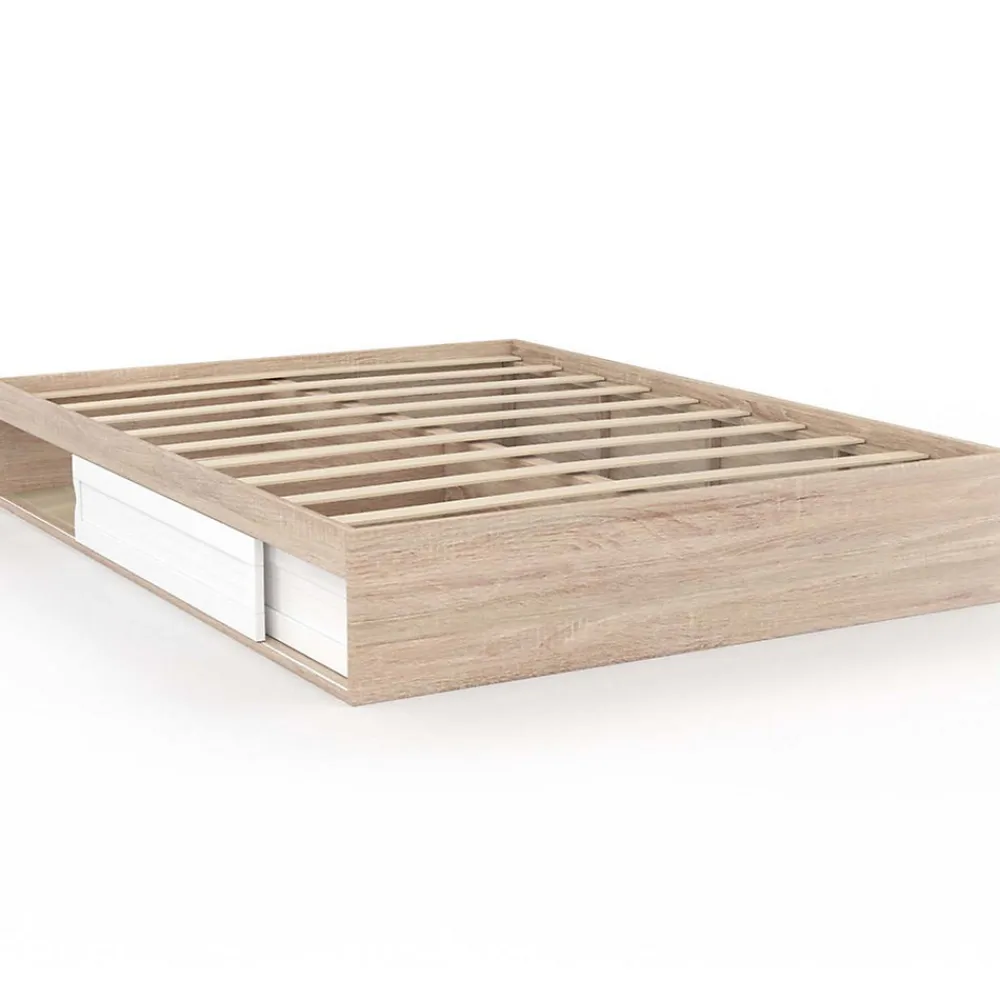 Cadre de lit double SALEM avec rangements et sommier 140 x 190 cm façon hêtre et blanc>IDMarket New