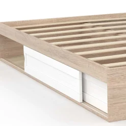 Cadre de lit double SALEM avec rangements et sommier 140 x 190 cm façon hêtre et blanc><noscript><img width=