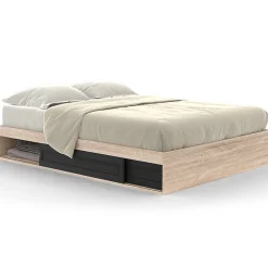 Cadre de lit double SALEM avec rangements et sommier 140 x 190 cm façon hêtre et noir>IDMarket Outlet