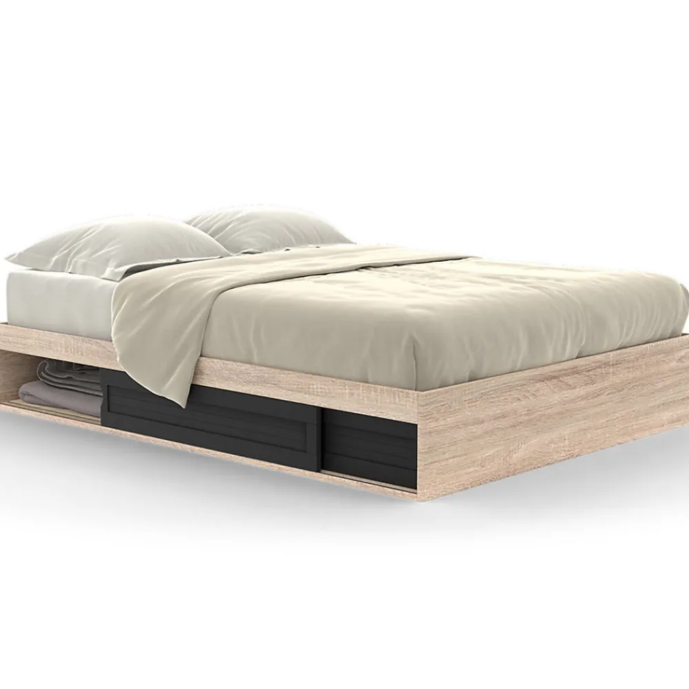Cadre de lit double SALEM avec rangements et sommier 140 x 190 cm façon hêtre et noir>IDMarket Outlet