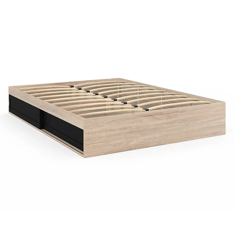 Cadre de lit double SALEM avec rangements et sommier 140 x 190 cm façon hêtre et noir>IDMarket Outlet
