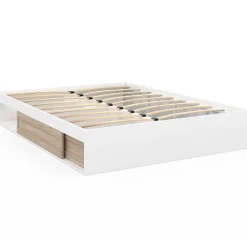 IDMarket Cadre de lit double SALEM avec rangements et sommier 140 x 190 cm blanc et façon hêtre* Lit Avec Rangement