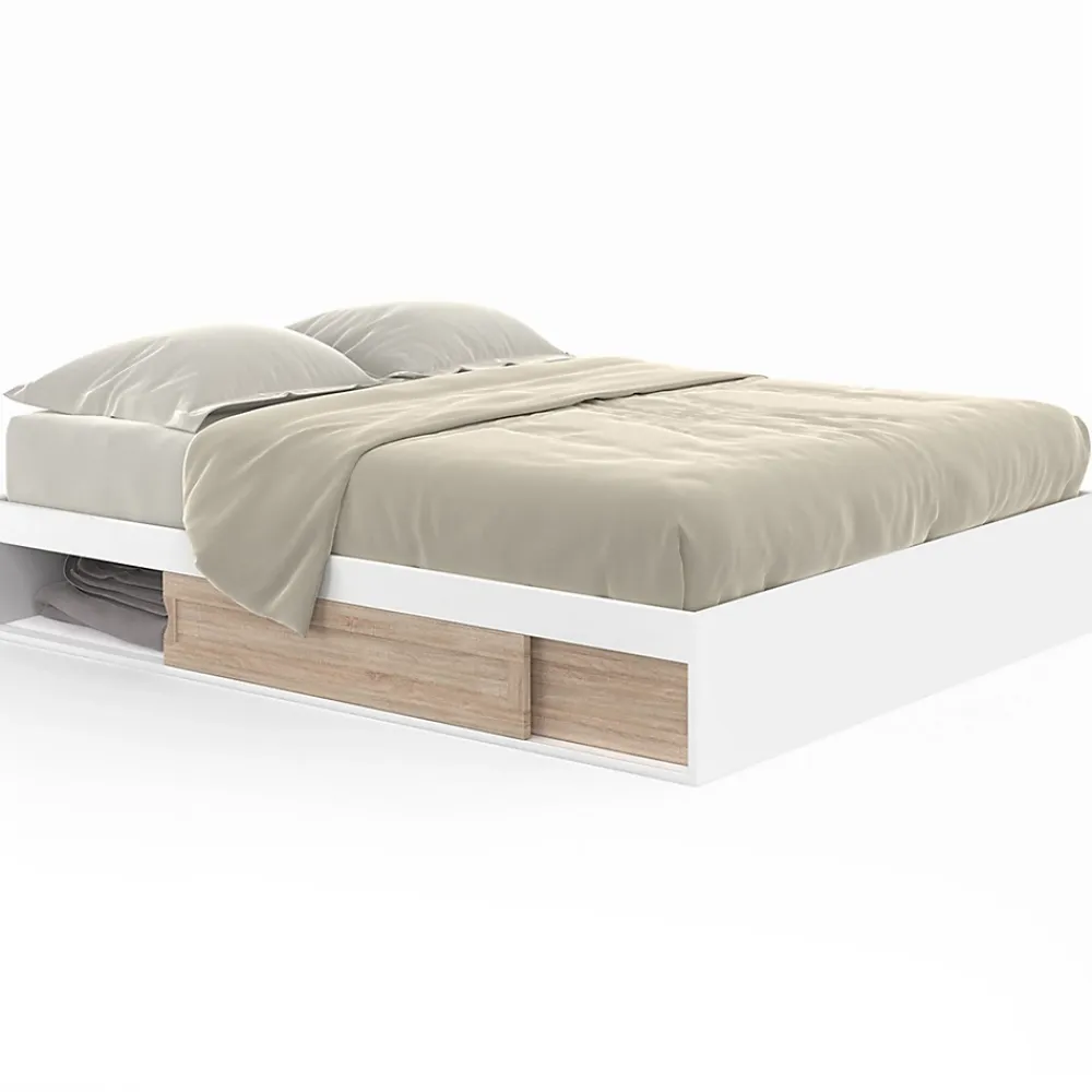 IDMarket Cadre de lit double SALEM avec rangements et sommier 140 x 190 cm blanc et façon hêtre* Lit Avec Rangement