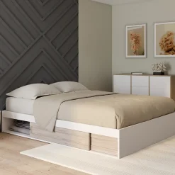 IDMarket Cadre de lit double SALEM avec rangements et sommier 140 x 190 cm blanc et façon hêtre* Lit Avec Rangement