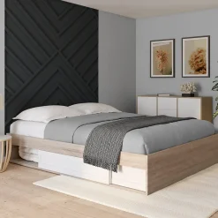 Cadre de lit double SALEM avec rangements et sommier 160 x 200 cm façon hêtre et blanc>IDMarket New
