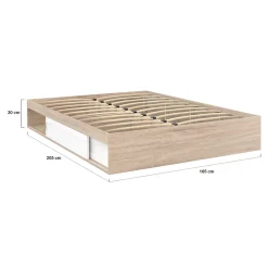Cadre de lit double SALEM avec rangements et sommier 160 x 200 cm façon hêtre et blanc><noscript><img width=