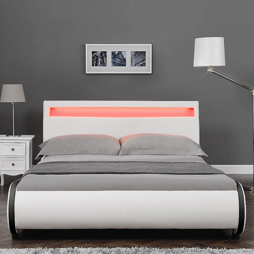 Cadre de lit double Valencia à LED 140x200cm cuir synthétique avec sommier à lattes blanc>Corium Sale