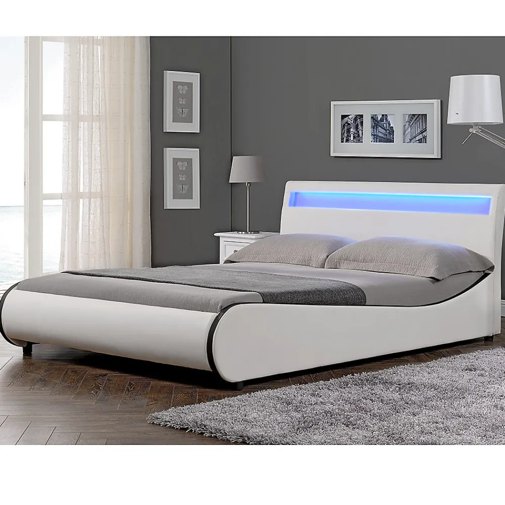 Cadre de lit double Valencia à LED 180x200cm cuir synthétique avec sommier à lattes blanc>Corium New