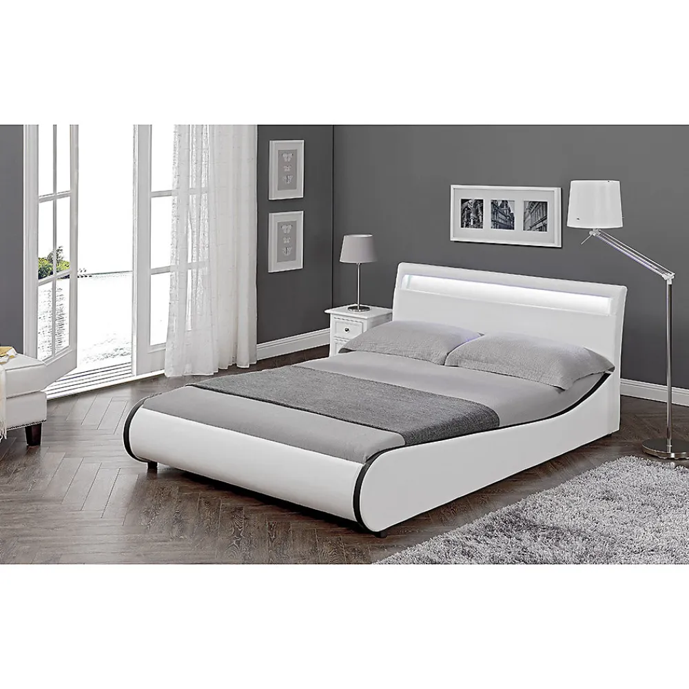 Cadre de lit double Valencia à LED 180x200cm cuir synthétique avec sommier à lattes blanc>Corium New