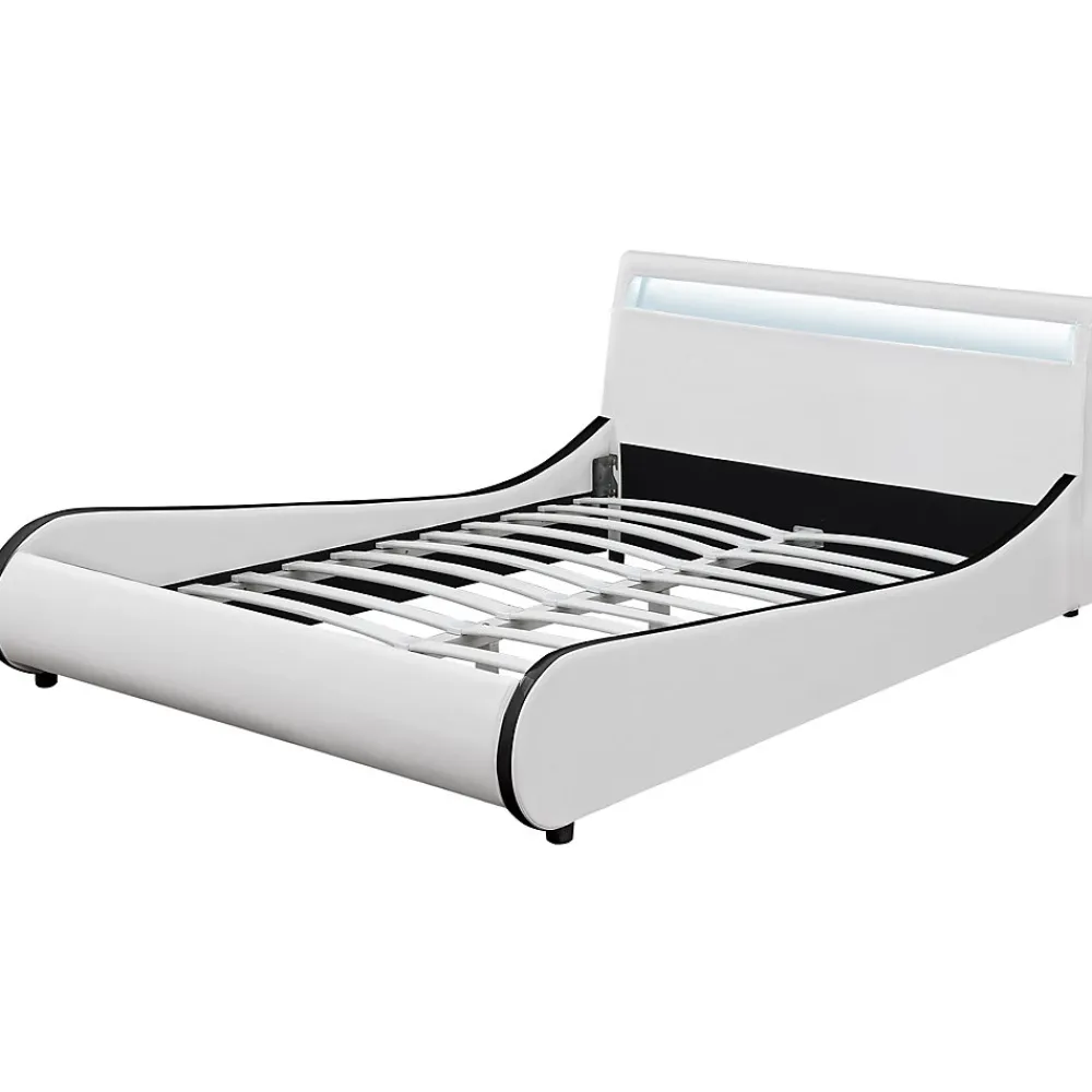 Cadre de lit double Valencia à LED 180x200cm cuir synthétique avec sommier à lattes blanc>Corium New