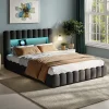 ProximaX Cadre de lit double 180x200 cm gris avec rangement, tissu en lin, LED, tête de lit avec station de charge et sommier à lattes* Lit Coffre