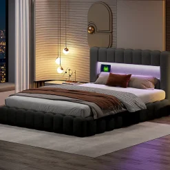 ProximaX Cadre de lit double 180x200 cm gris avec rangement, tissu en lin, LED, tête de lit avec station de charge et sommier à lattes* Lit Coffre