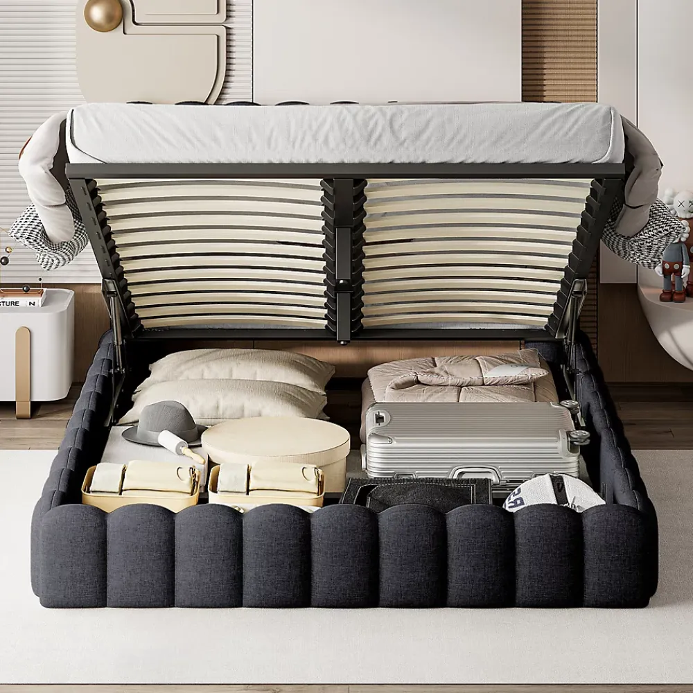 ProximaX Cadre de lit double 180x200 cm gris avec rangement, tissu en lin, LED, tête de lit avec station de charge et sommier à lattes* Lit Coffre