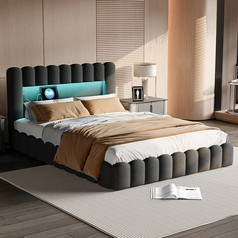 ProximaX Cadre de lit double 180x200 cm gris avec rangement, tissu en lin, LED, tête de lit avec station de charge et sommier à lattes* Lit Coffre