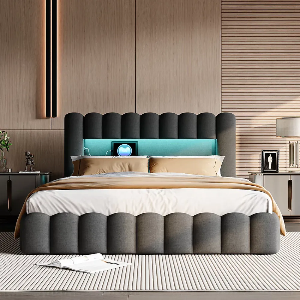 ProximaX Cadre de lit double 180x200 cm gris avec rangement, tissu en lin, LED, tête de lit avec station de charge et sommier à lattes* Lit Coffre