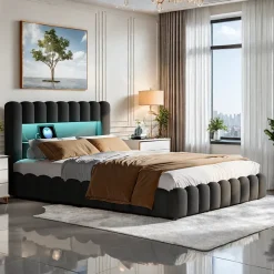 ProximaX Cadre de lit double 180x200 cm gris avec rangement, tissu en lin, LED, tête de lit avec station de charge et sommier à lattes* Lit Coffre