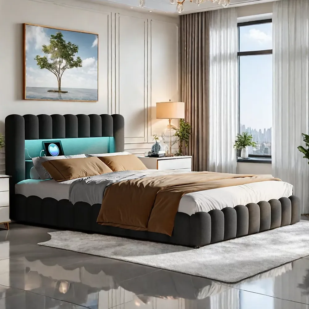 ProximaX Cadre de lit double 180x200 cm gris avec rangement, tissu en lin, LED, tête de lit avec station de charge et sommier à lattes* Lit Coffre