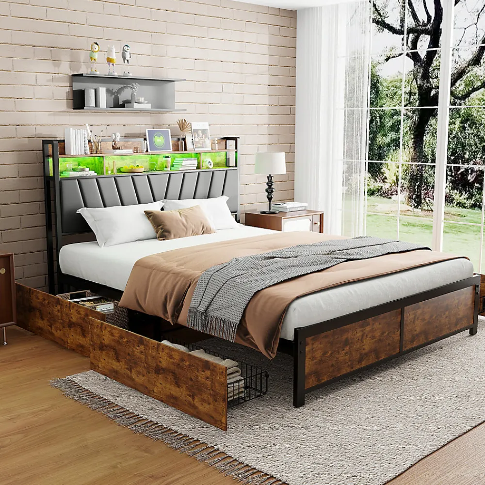 ProximaX Cadre de Lit Double 160x200 cm avec Tiroirs Coulissants et LED, en Métal Noir et Bois, Parfait pour Chambre d'Adultes, USB, noir* Lit Coffre