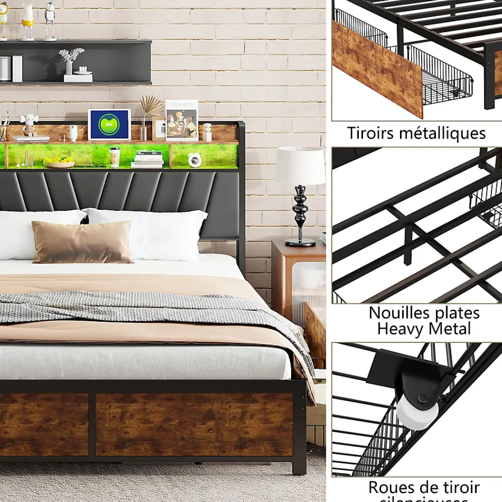 ProximaX Cadre de Lit Double 160x200 cm avec Tiroirs Coulissants et LED, en Métal Noir et Bois, Parfait pour Chambre d'Adultes, USB, noir* Lit Coffre