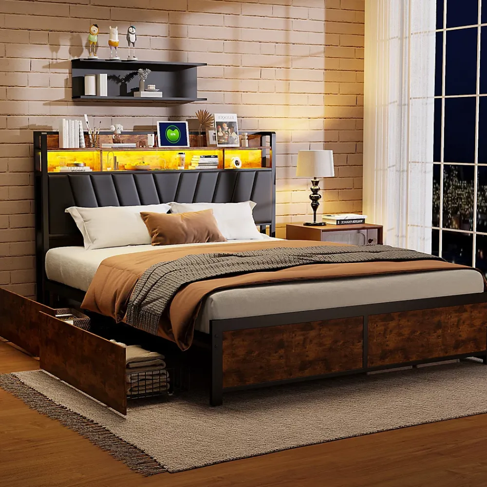 ProximaX Cadre de Lit Double 160x200 cm avec Tiroirs Coulissants et LED, en Métal Noir et Bois, Parfait pour Chambre d'Adultes, USB, noir* Lit Coffre
