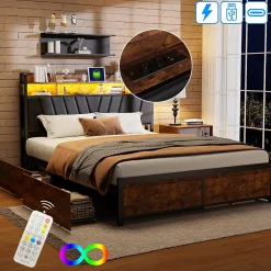 Cadre de Lit Double 160x200 cm avec Tiroirs Coulissants et LED, en Métal Noir et Bois, Parfait pour Chambre d'Adultes, USB, noir><noscript><img width=