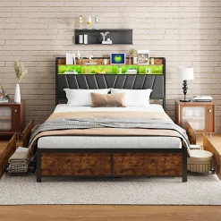 Cadre de Lit Double 160x200 cm avec Tiroirs Coulissants et LED, en Métal Noir et Bois, Parfait pour Chambre d'Adultes, USB, noir><noscript><img width=