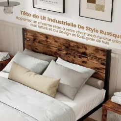 Giantex Cadre de Lit Double 140x200CM, Lit Plateforme avec Tête à Lattes, Pas Besoin de Sommier, Marron Rustique* Lit Double