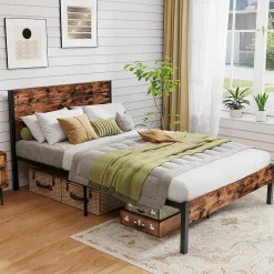 Giantex Cadre de Lit Double 140x200CM, Lit Plateforme avec Tête à Lattes, Pas Besoin de Sommier, Marron Rustique* Lit Double