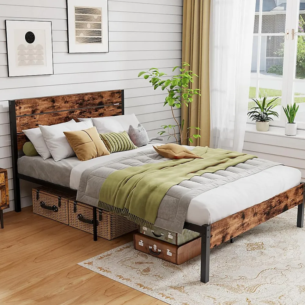 Giantex Cadre de Lit Double 140x200CM, Lit Plateforme avec Tête à Lattes, Pas Besoin de Sommier, Marron Rustique* Lit Double