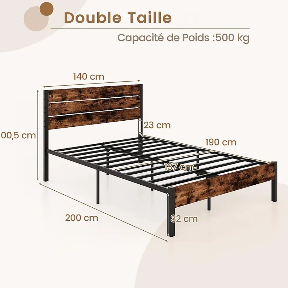 Giantex Cadre de Lit Double 140x200CM, Lit Plateforme avec Tête à Lattes, Pas Besoin de Sommier, Marron Rustique* Lit Double