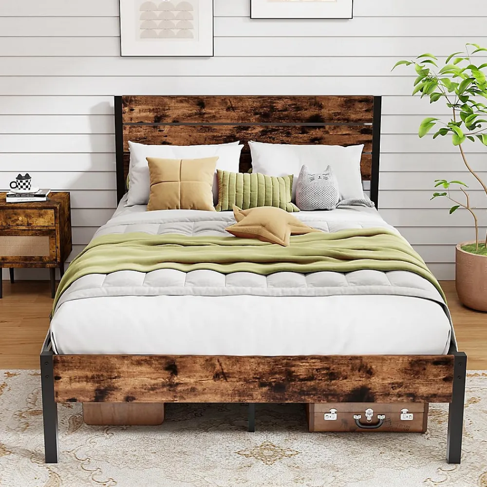 Giantex Cadre de Lit Double 140x200CM, Lit Plateforme avec Tête à Lattes, Pas Besoin de Sommier, Marron Rustique* Lit Double