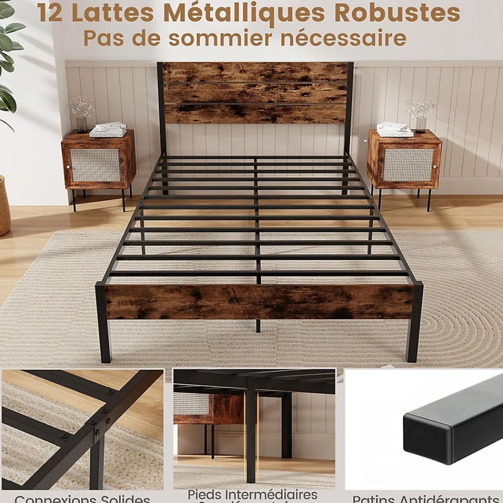 Giantex Cadre de Lit Double 140x200CM, Lit Plateforme avec Tête à Lattes, Pas Besoin de Sommier, Marron Rustique* Lit Double