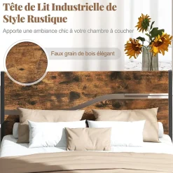 Giantex Cadre de Lit Double 140x200CM,avec Tête, Lattes en Métal,Espace de Rangement,Pas de Sommier Nécessaire,Brun Rustique,Charge 360KG* Sommier