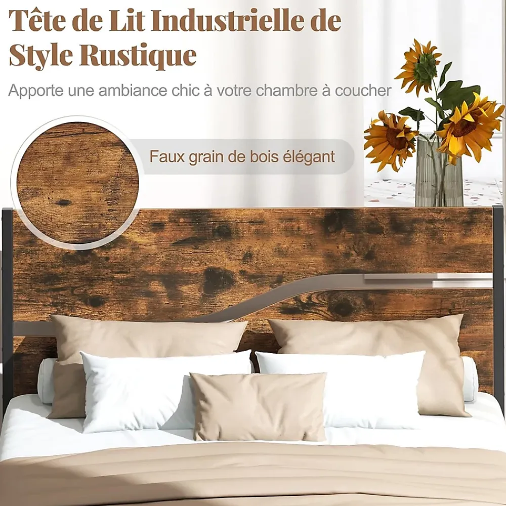 Giantex Cadre de Lit Double 140x200CM,avec Tête, Lattes en Métal,Espace de Rangement,Pas de Sommier Nécessaire,Brun Rustique,Charge 360KG* Sommier