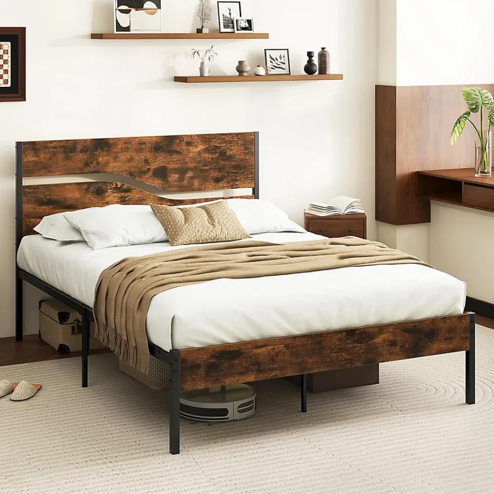 Giantex Cadre de Lit Double 140x200CM,avec Tête, Lattes en Métal,Espace de Rangement,Pas de Sommier Nécessaire,Brun Rustique,Charge 360KG* Sommier