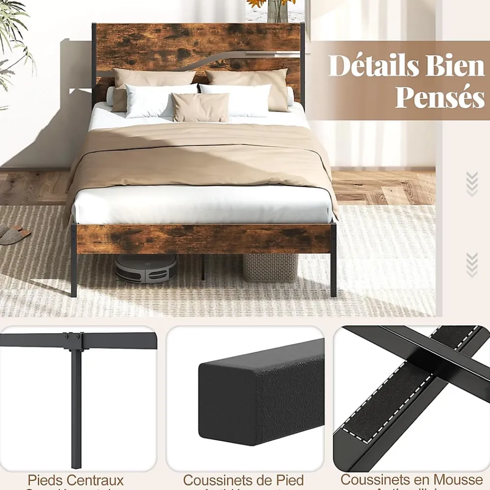Giantex Cadre de Lit Double 140x200CM,avec Tête, Lattes en Métal,Espace de Rangement,Pas de Sommier Nécessaire,Brun Rustique,Charge 360KG* Sommier