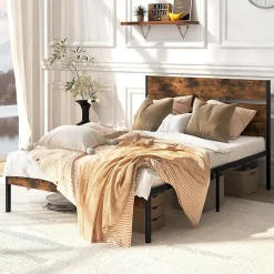 Giantex Cadre de Lit Double 140x200CM,avec Tête, Lattes en Métal,Espace de Rangement,Pas de Sommier Nécessaire,Brun Rustique,Charge 360KG* Sommier