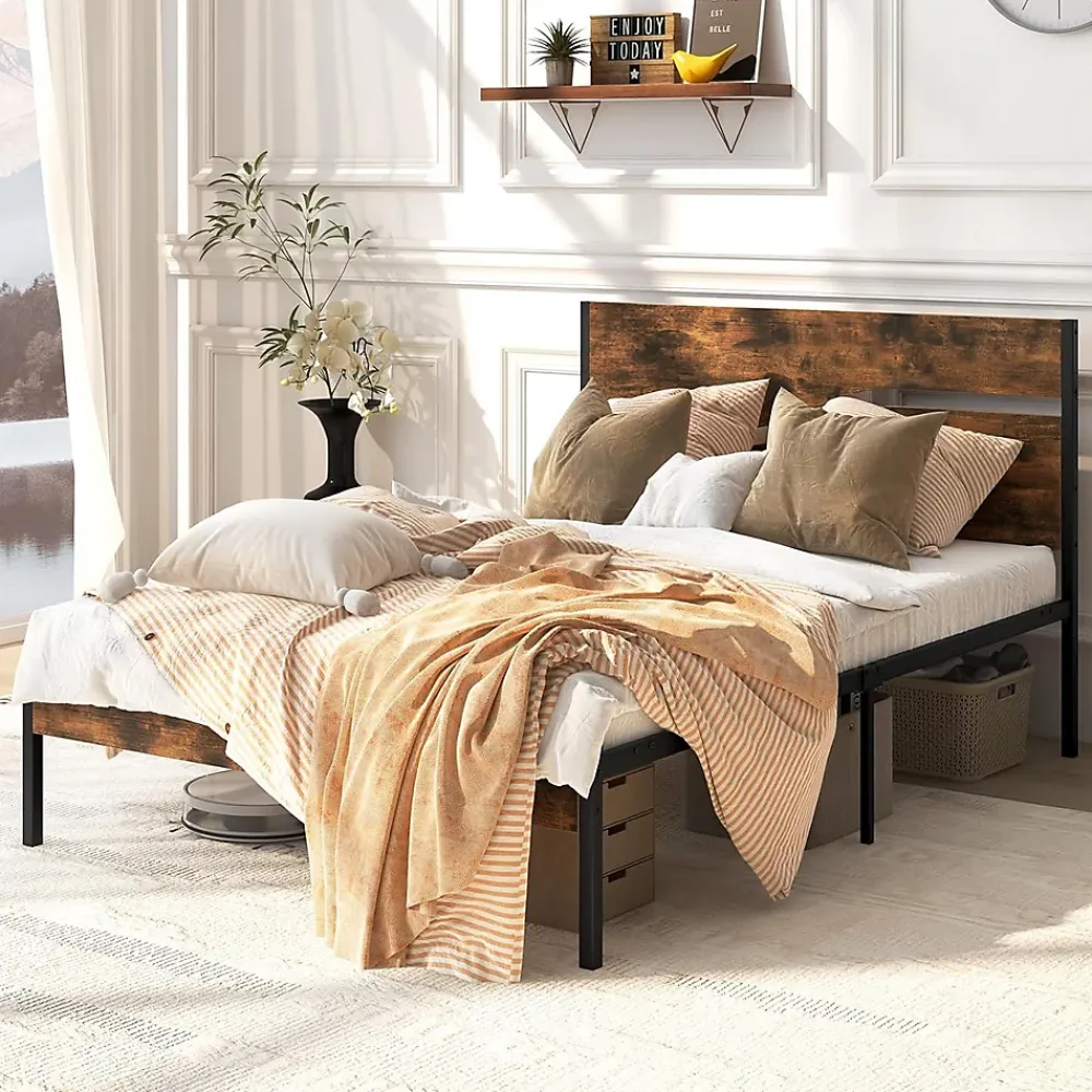Giantex Cadre de Lit Double 140x200CM,avec Tête, Lattes en Métal,Espace de Rangement,Pas de Sommier Nécessaire,Brun Rustique,Charge 360KG* Sommier