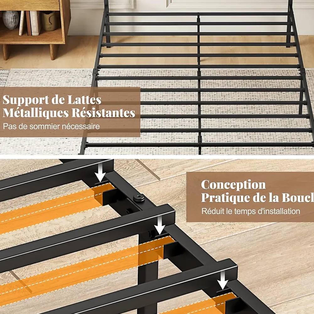 Giantex Cadre de Lit Double 140x200CM,avec Tête, Lattes en Métal,Espace de Rangement,Pas de Sommier Nécessaire,Brun Rustique,Charge 360KG* Sommier