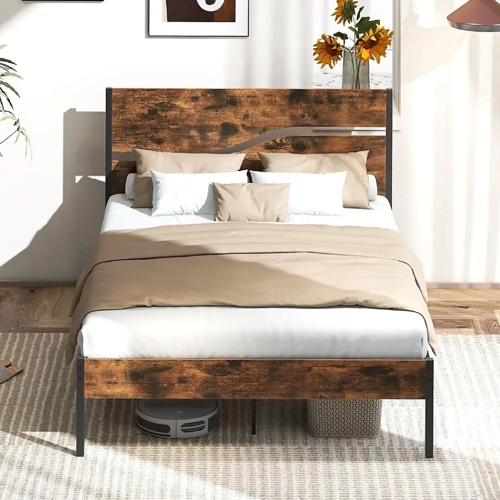 Giantex Cadre de Lit Double 140x200CM,avec Tête, Lattes en Métal,Espace de Rangement,Pas de Sommier Nécessaire,Brun Rustique,Charge 360KG* Sommier