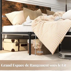 Giantex Cadre de Lit Double 140x200CM,avec Tête, Lattes en Métal,Espace de Rangement,Pas de Sommier Nécessaire,Brun Rustique,Charge 360KG* Sommier