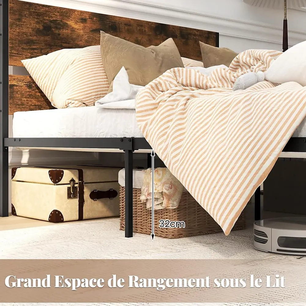 Giantex Cadre de Lit Double 140x200CM,avec Tête, Lattes en Métal,Espace de Rangement,Pas de Sommier Nécessaire,Brun Rustique,Charge 360KG* Sommier