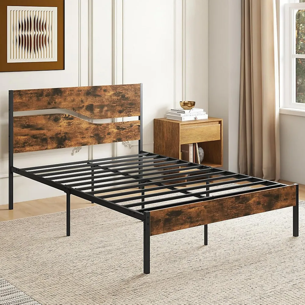 Giantex Cadre de Lit Double 140x200CM,avec Tête, Lattes en Métal,Espace de Rangement,Pas de Sommier Nécessaire,Brun Rustique,Charge 360KG* Sommier