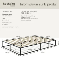 Cadre de lit en acier sommier à lattes en bois de peuplier 200x140cm><noscript><img width=